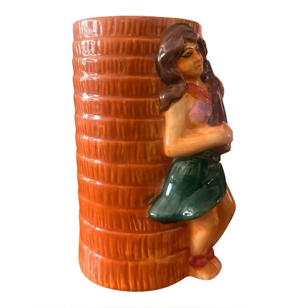 Vintage HAWAIIAN Tiki Cup Mug 3D Hula Girl Ukulele Hibiscus Palm Design